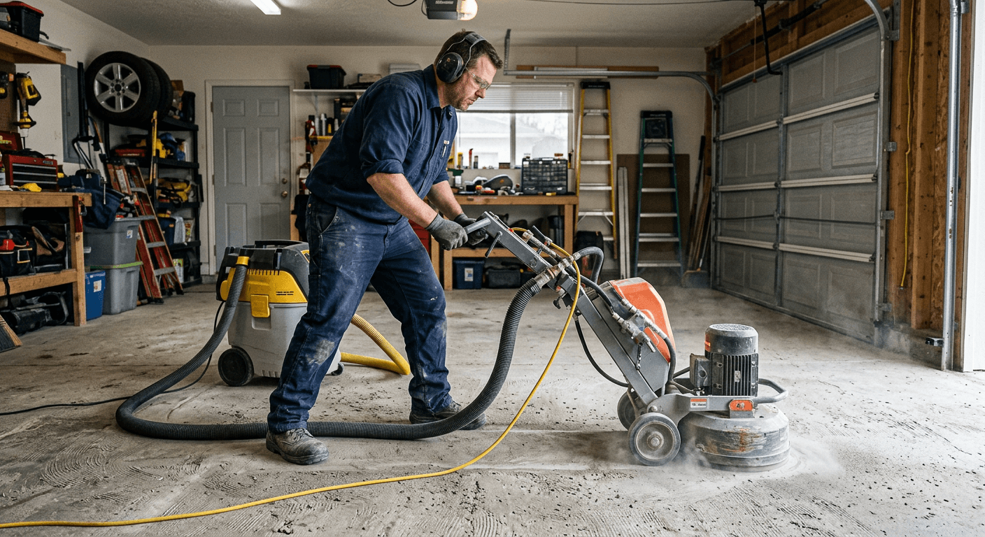 Installer grinding a garage slab