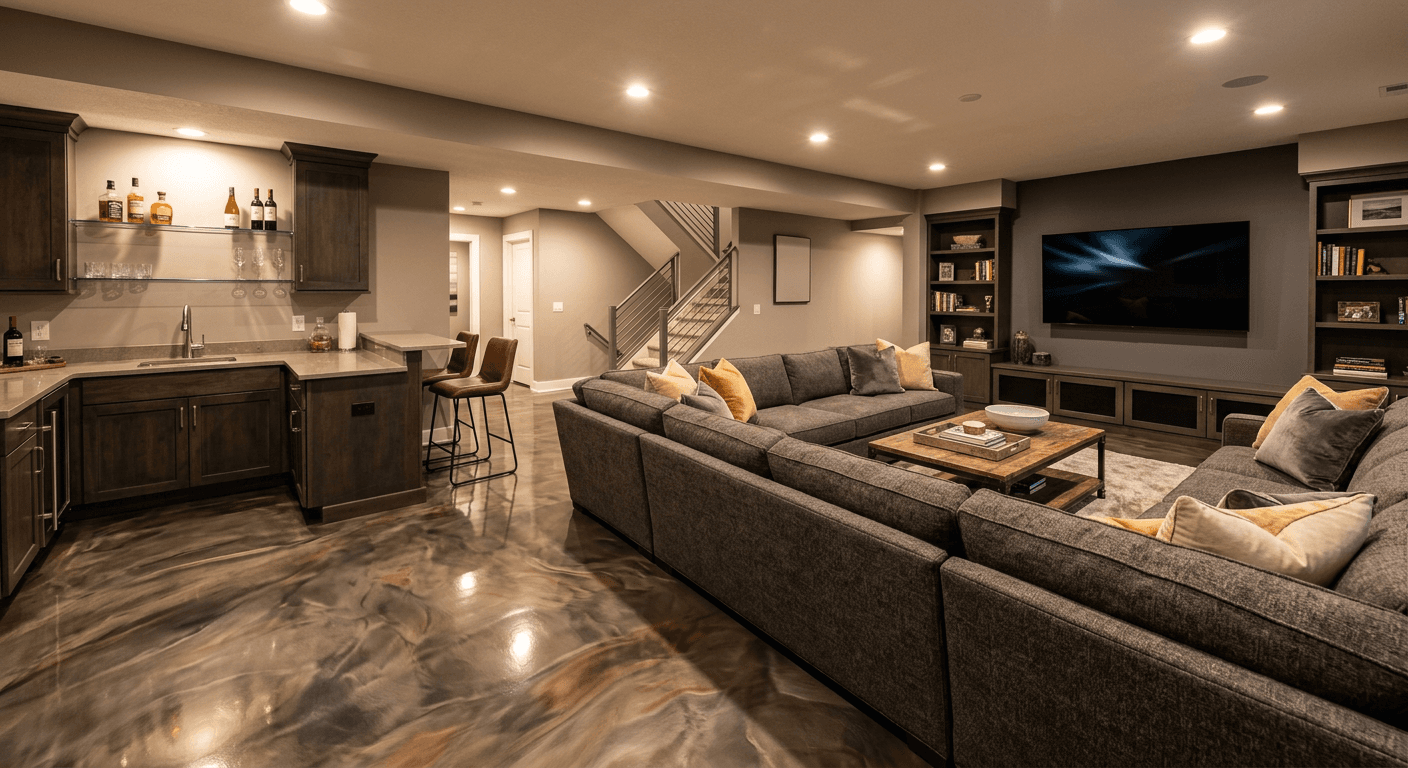 Basement family room with a bronze metallic epoxy floor