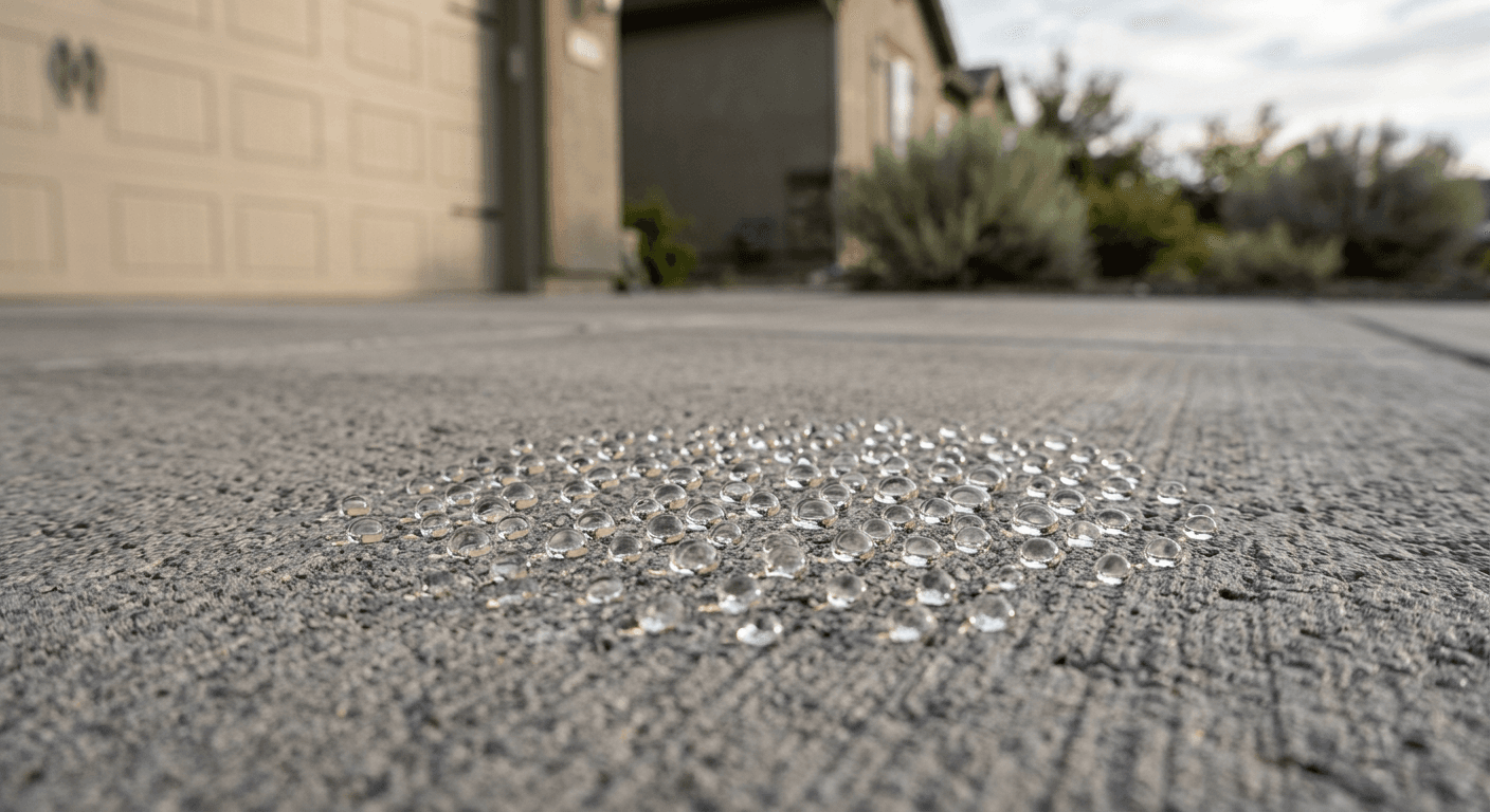 Water beading on a concrete driveway sealed with a clear nano coating in Reno, NV