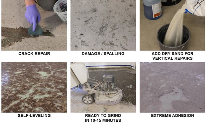 Crack repair, spalling, self-leveling and grinding steps