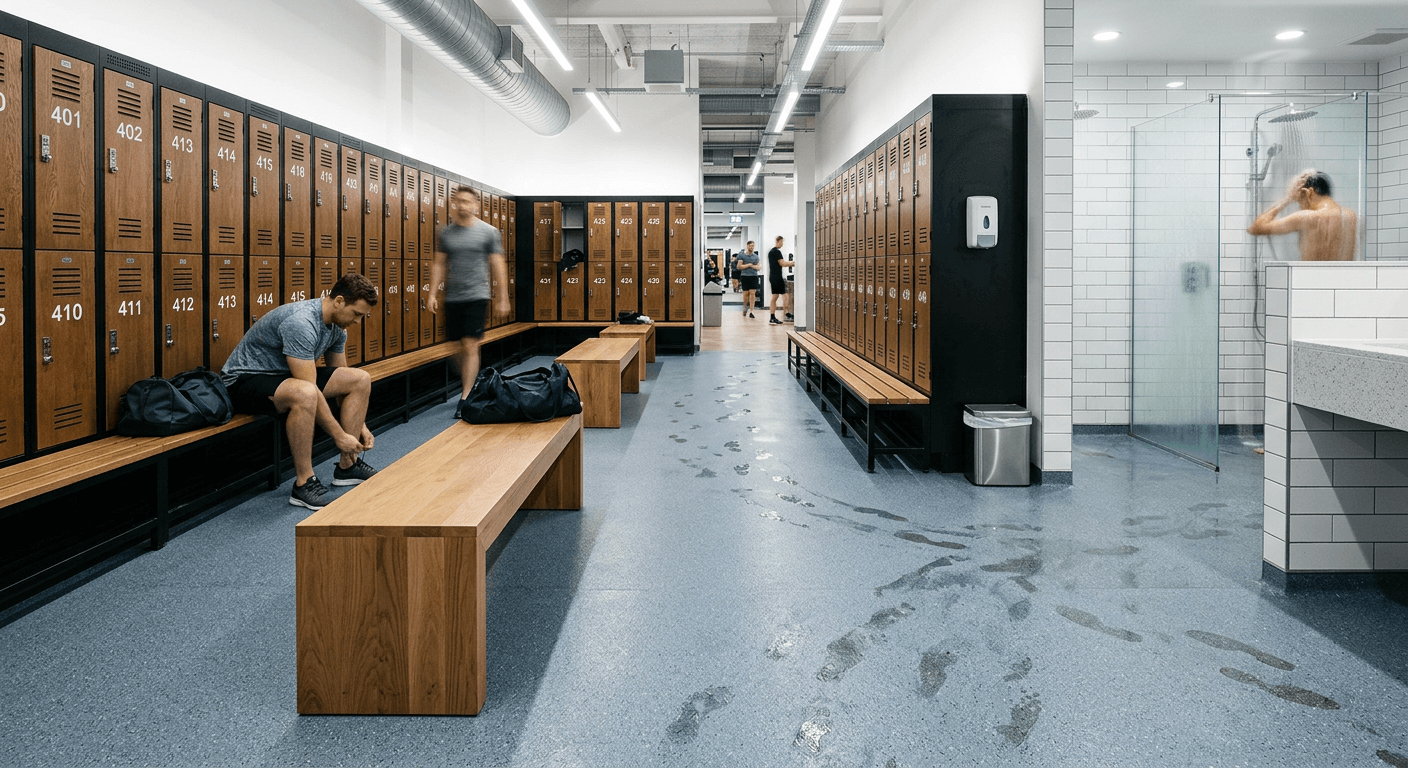 Locker room with a slip-resistant quartz floor