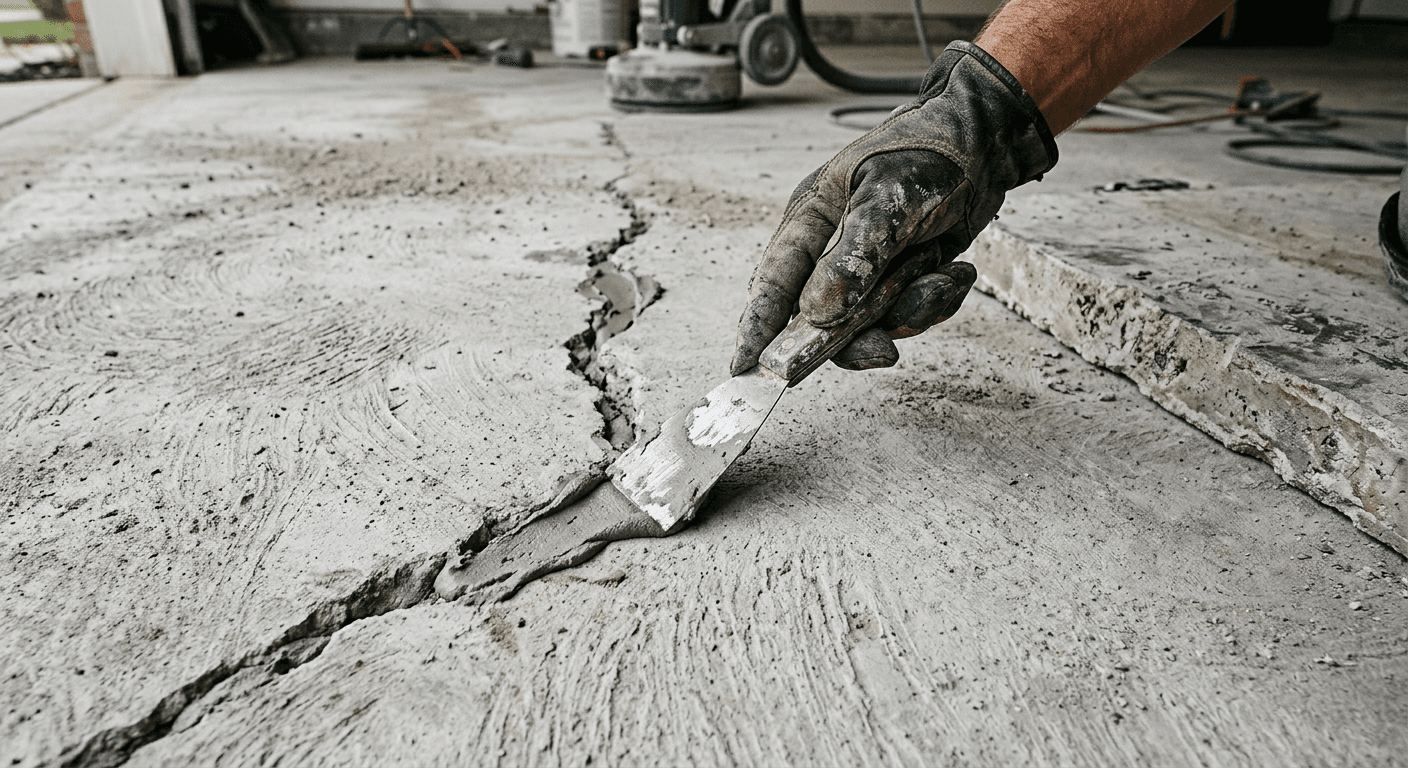 Contractor filling a crack in a ground concrete slab