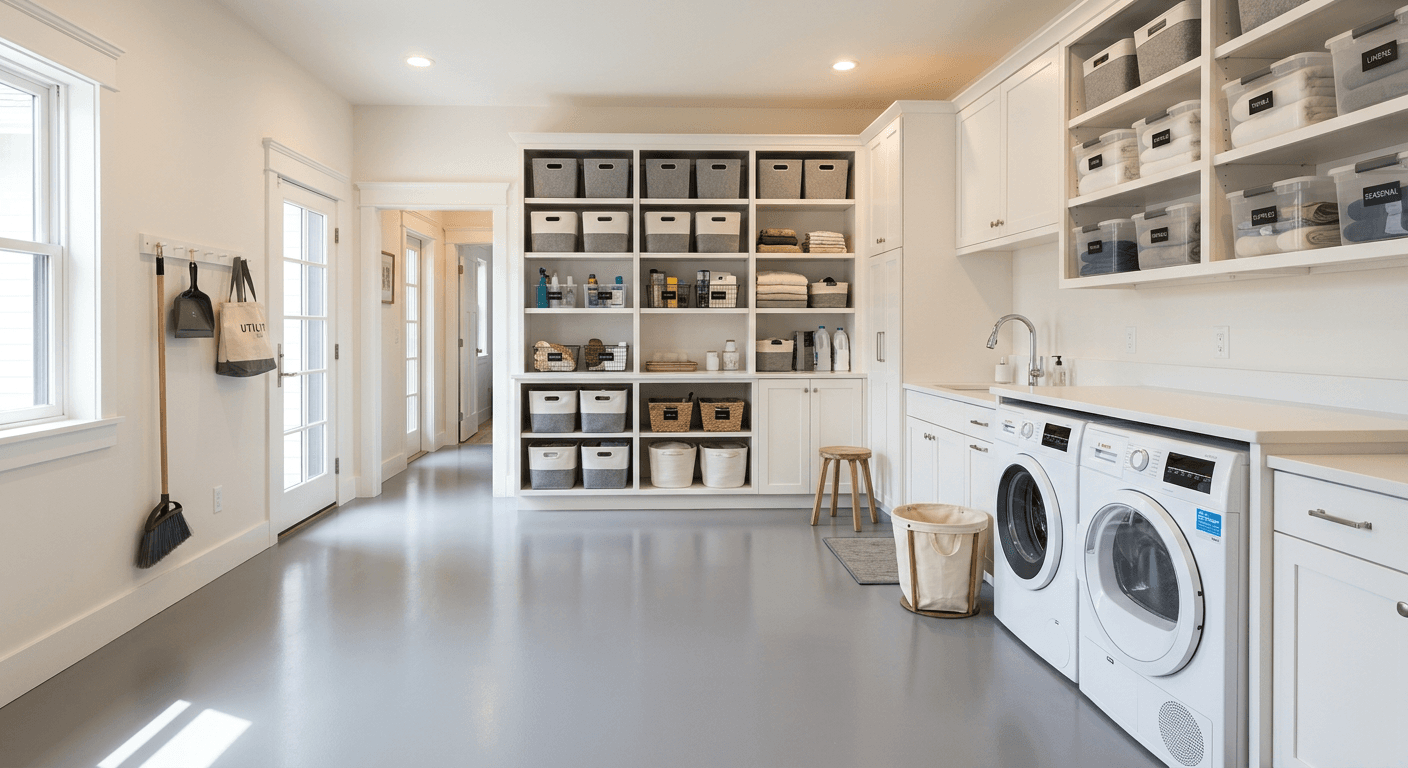 Storage room with a solid light gray epoxy floor