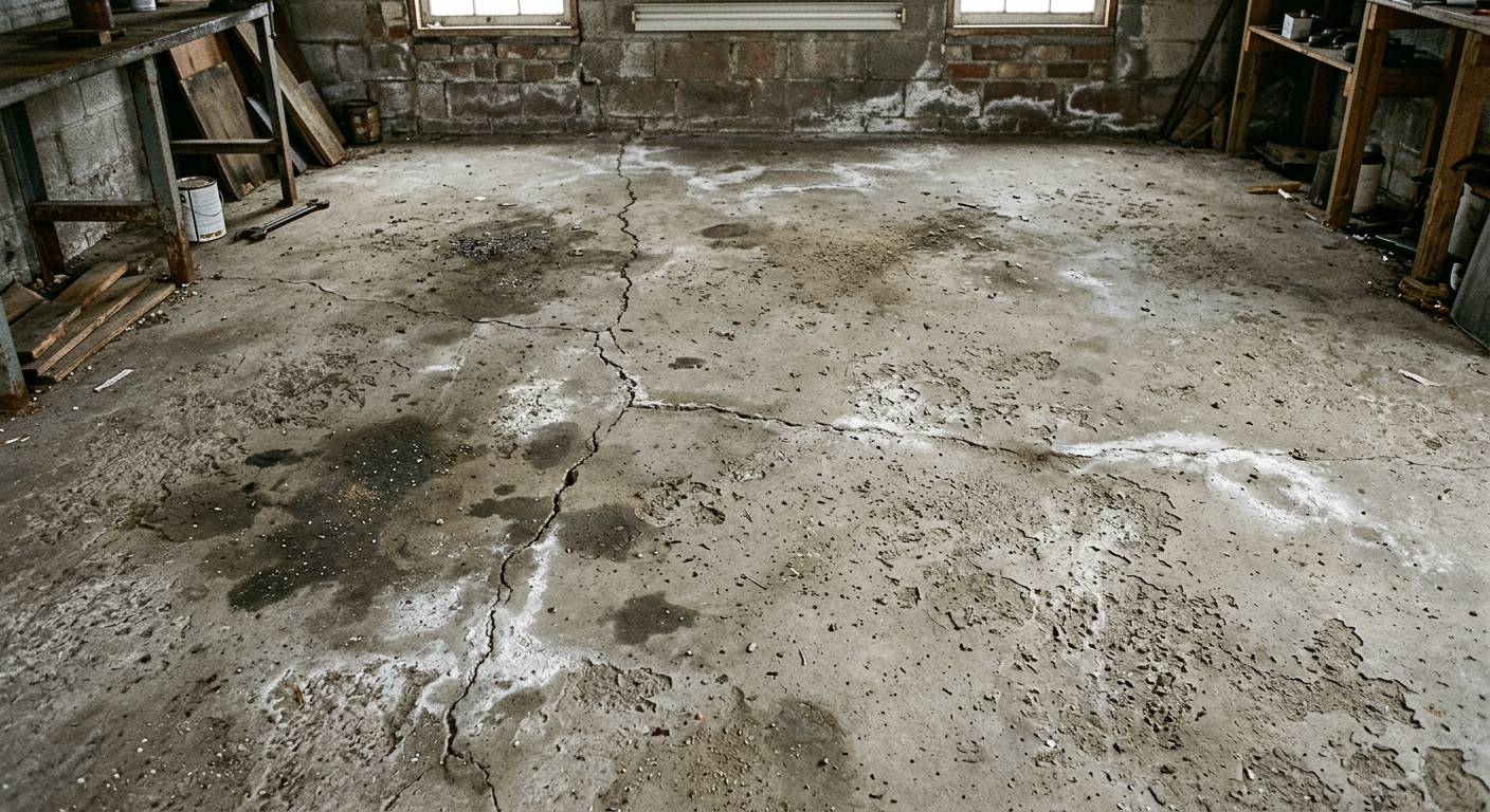 Pitted garage concrete damaged by winter de-icer