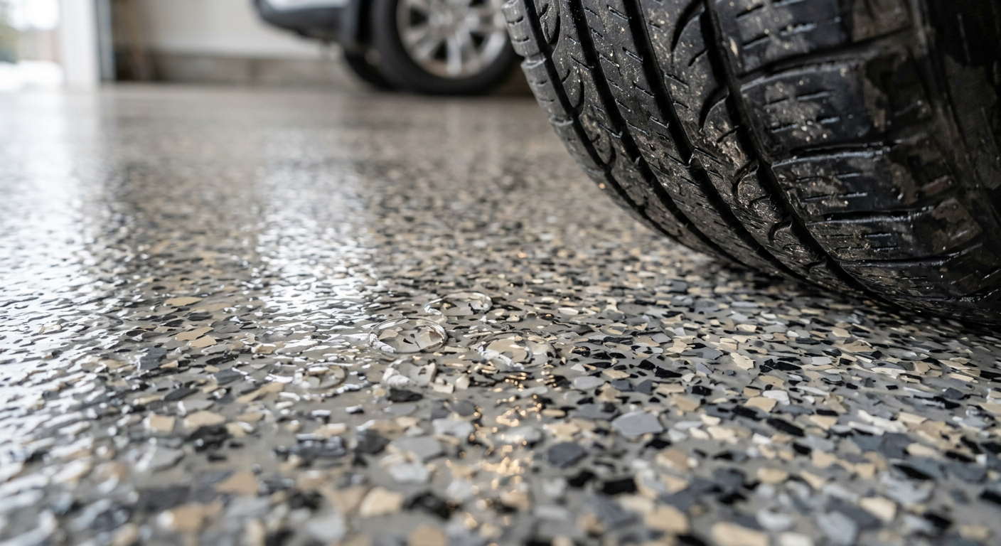 Close-up of gray and tan decorative flake under a glossy topcoat