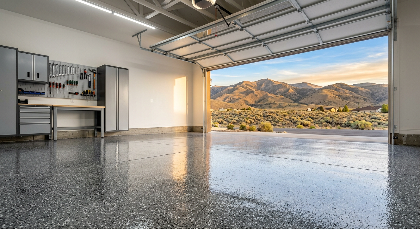Flake-chip polyaspartic garage floor in Reno