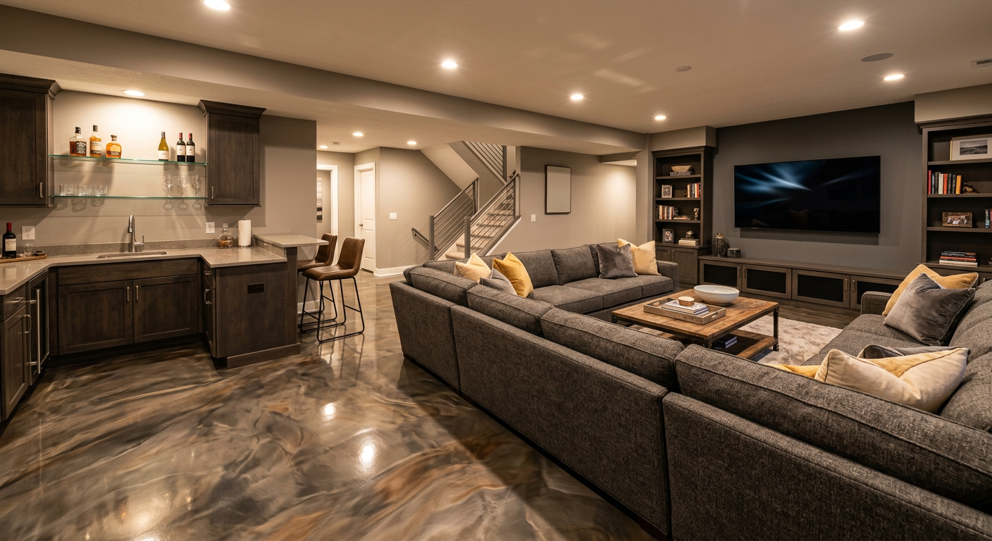 Basement family room with a bronze metallic epoxy floor