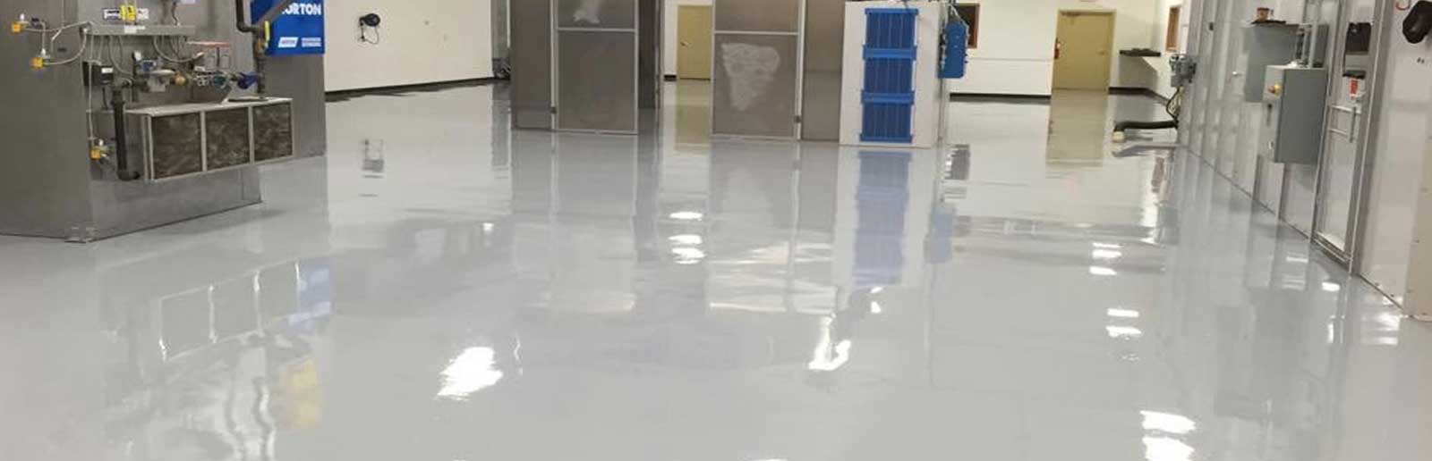 Bright warehouse with a white high-gloss floor
