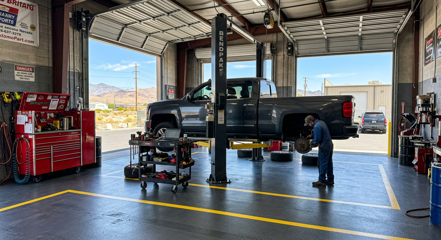 Auto shop bay with a dark gray polyurea floor and safety striping