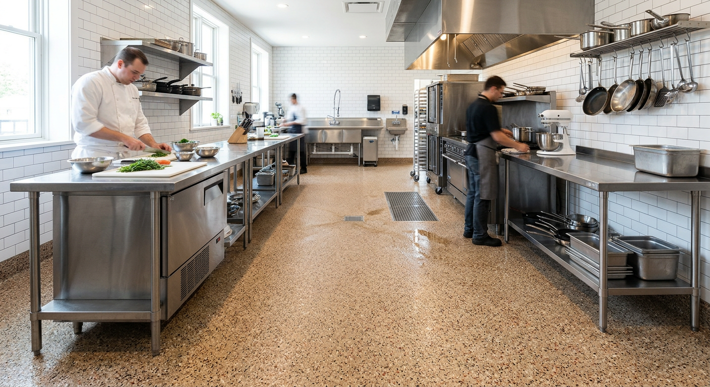 Commercial kitchen with a seamless quartz floor and cove base