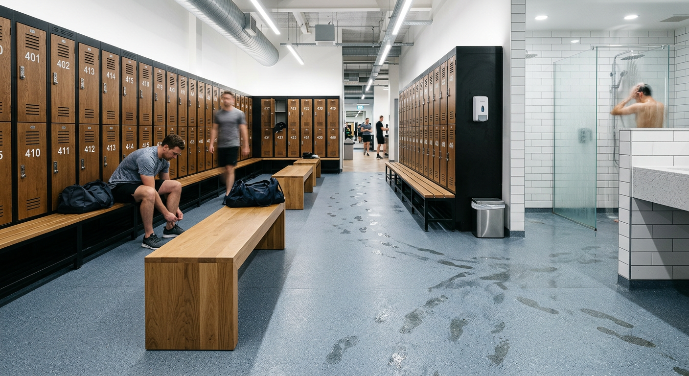 Locker room with a slip-resistant quartz floor
