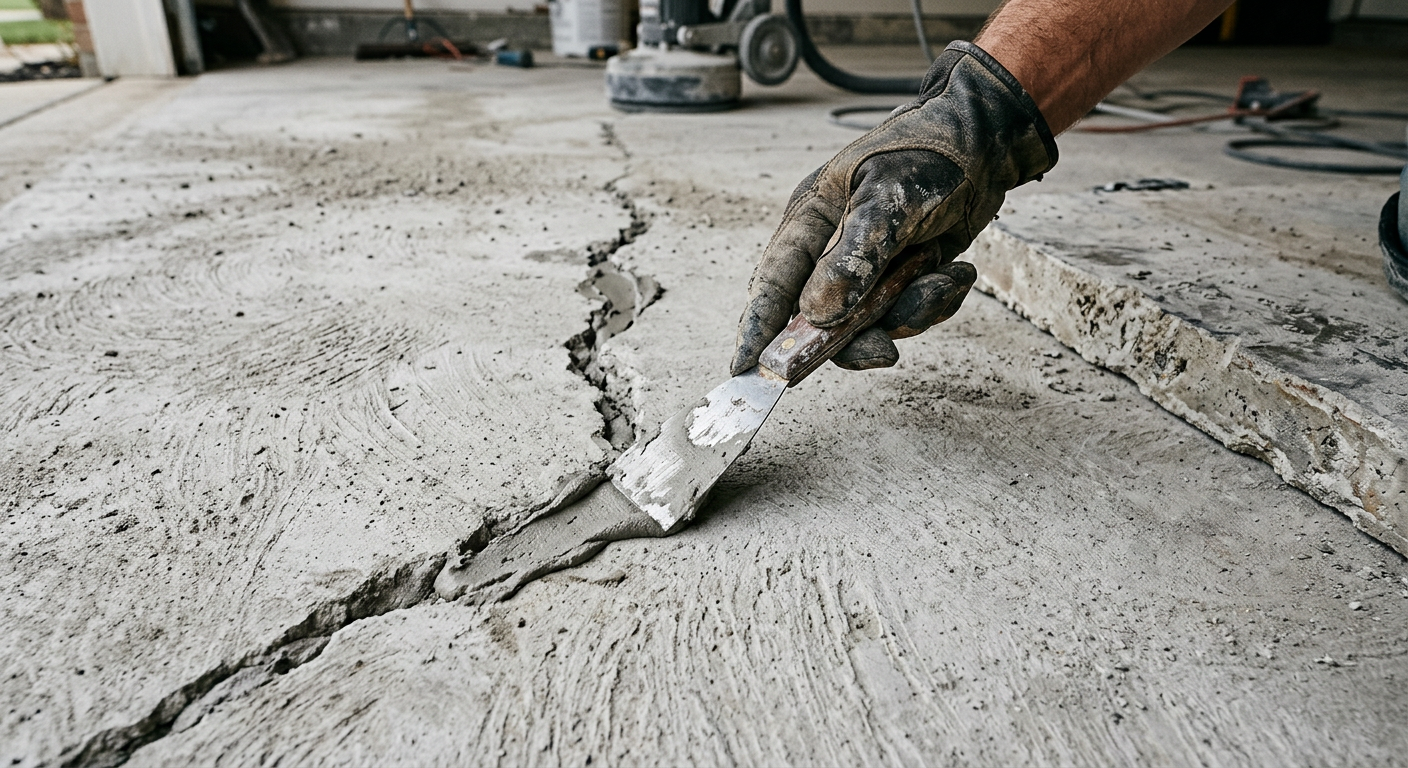 Contractor filling a crack in a ground concrete slab