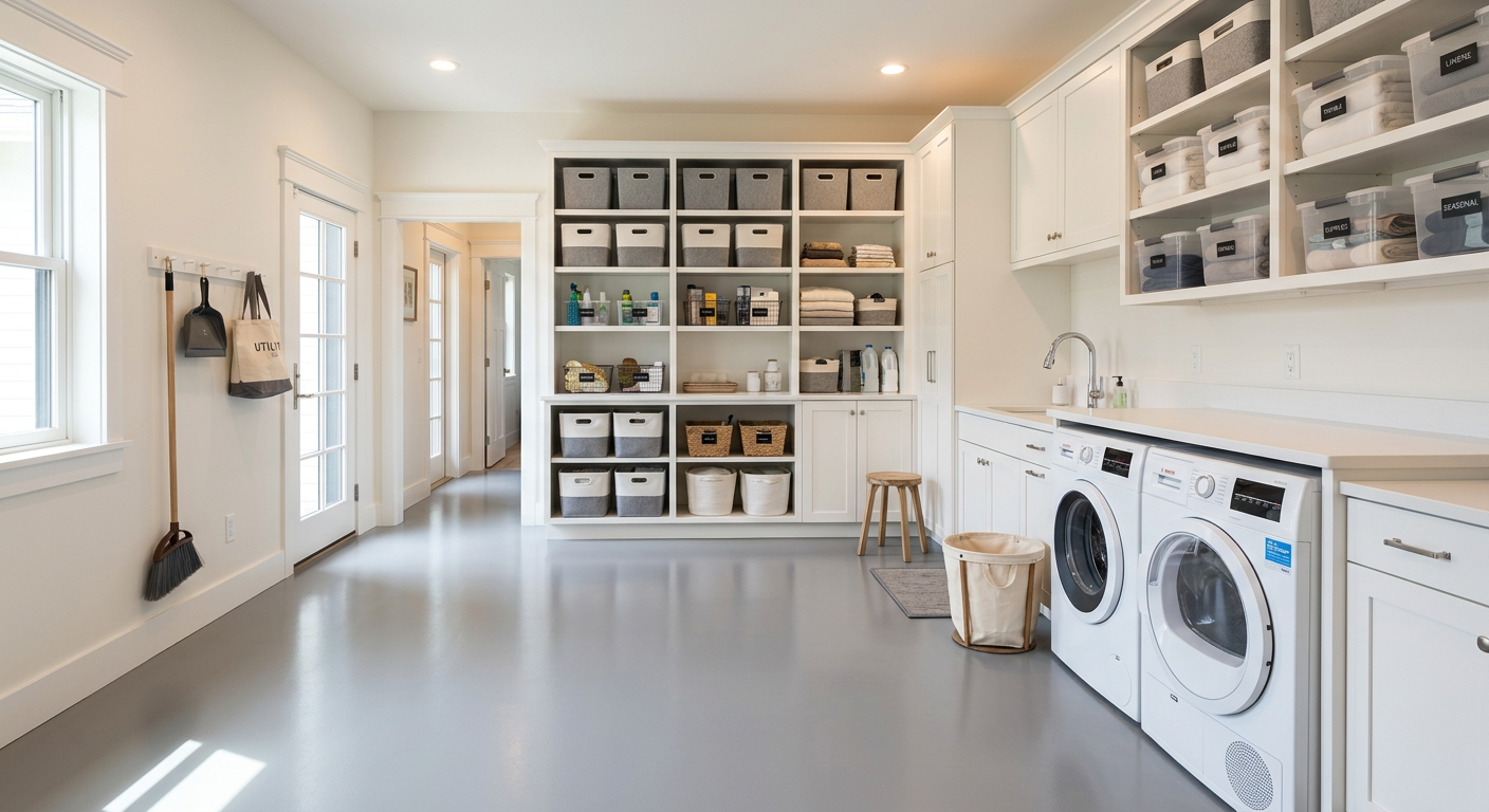 Storage room with a solid light gray epoxy floor