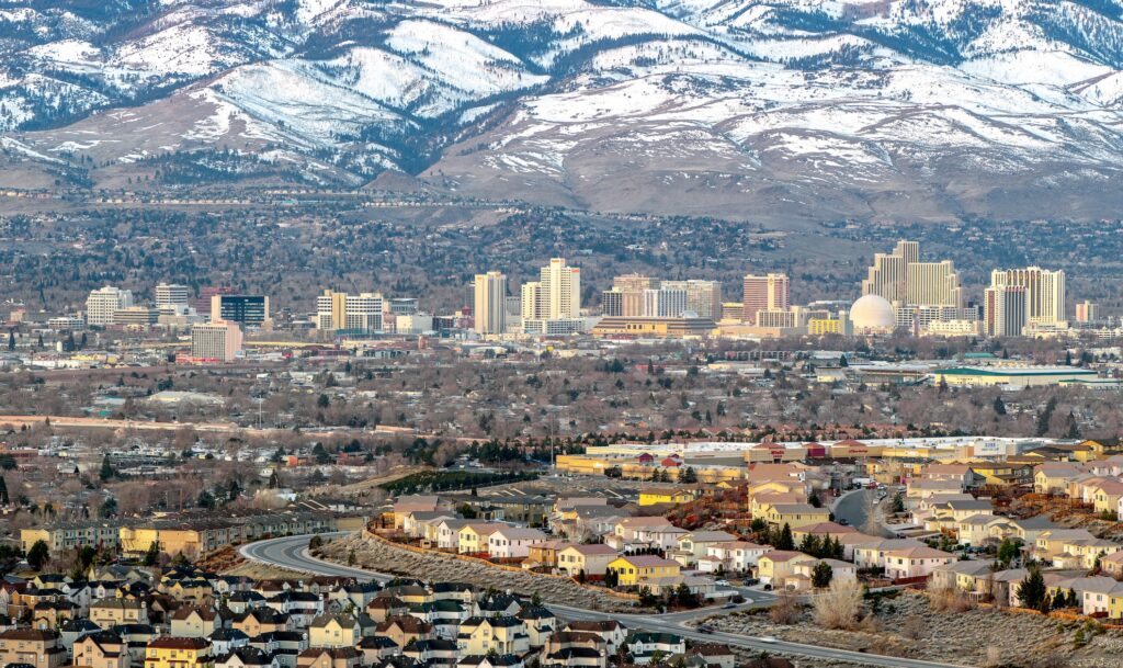 Reno skyline with snow-capped mountains