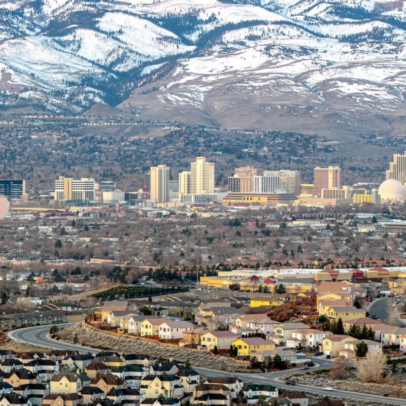 Reno skyline with snow-capped mountains