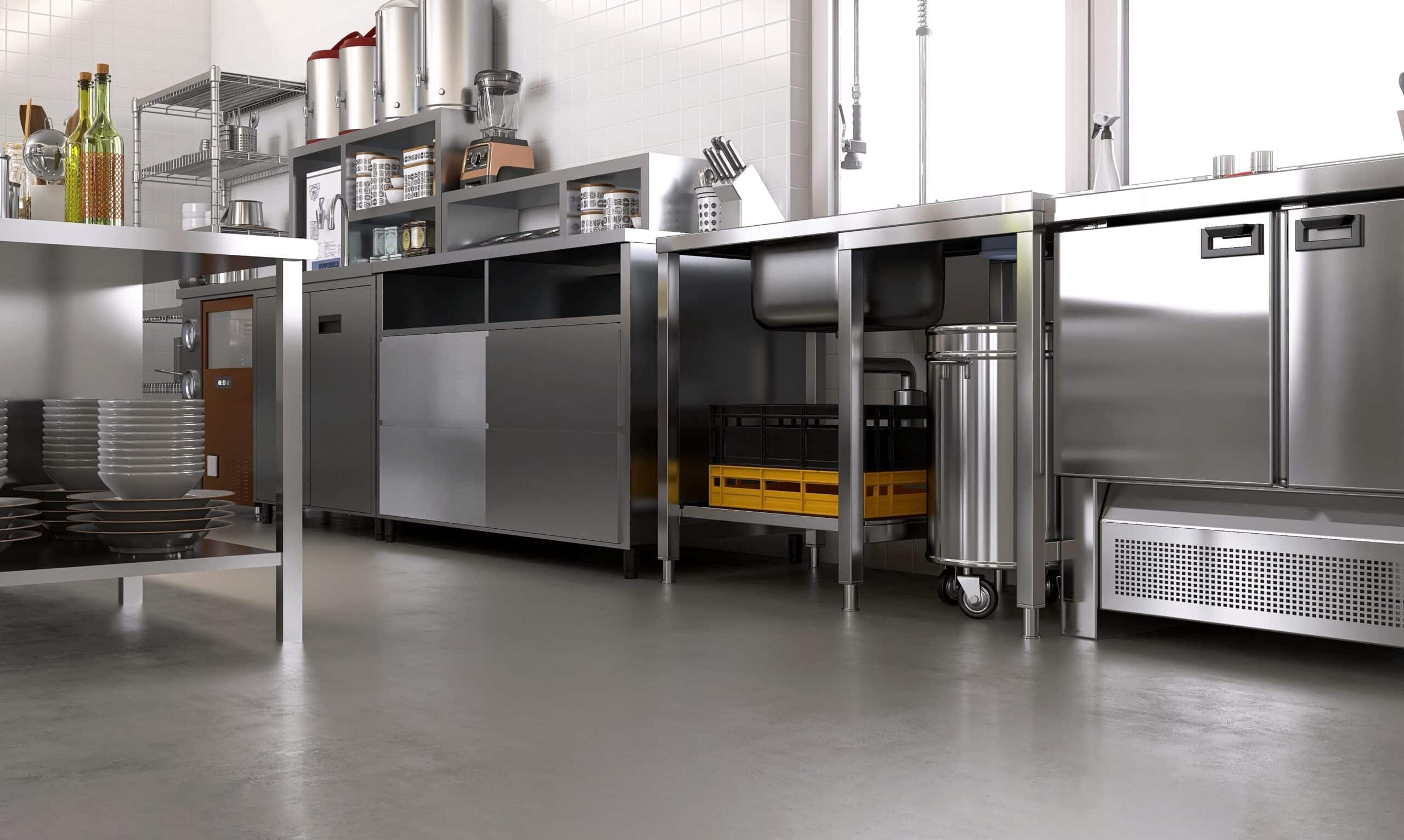 Commercial kitchen with stainless steel appliances