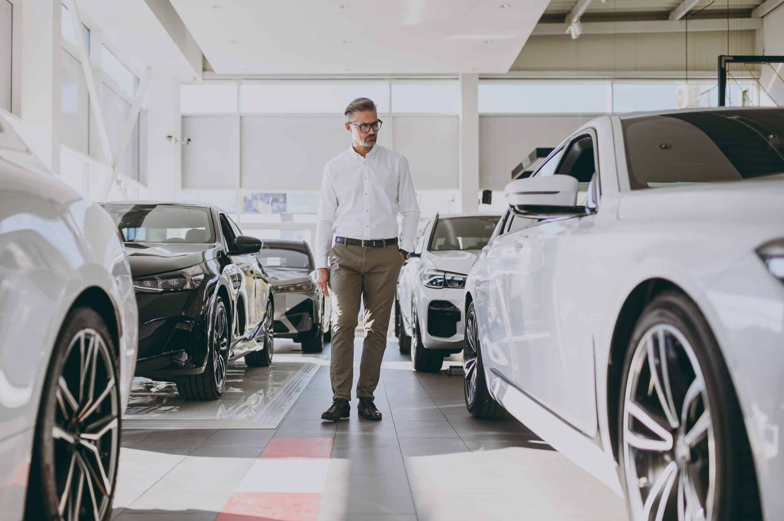 Man exploring cars in modern showroom.