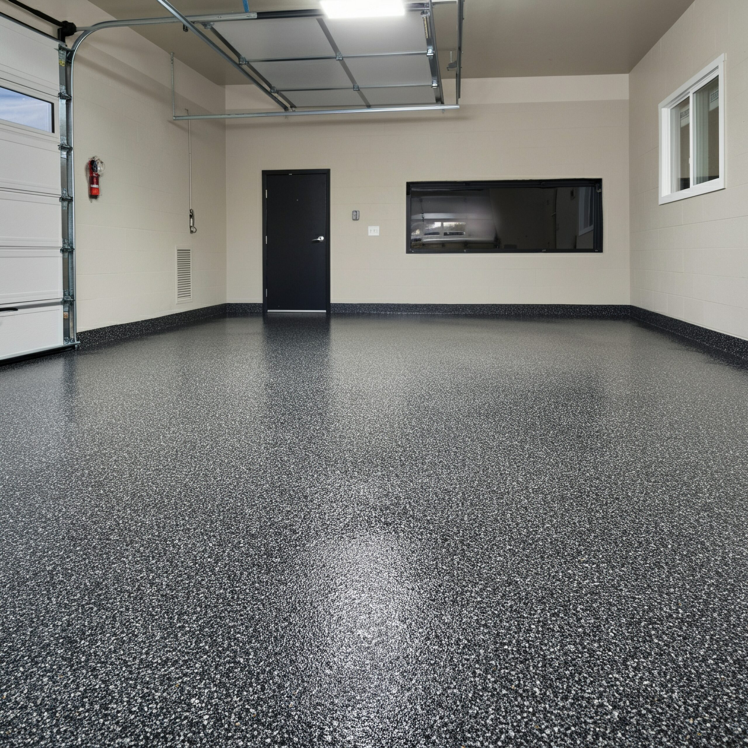Clean empty garage with speckled epoxy floor coating