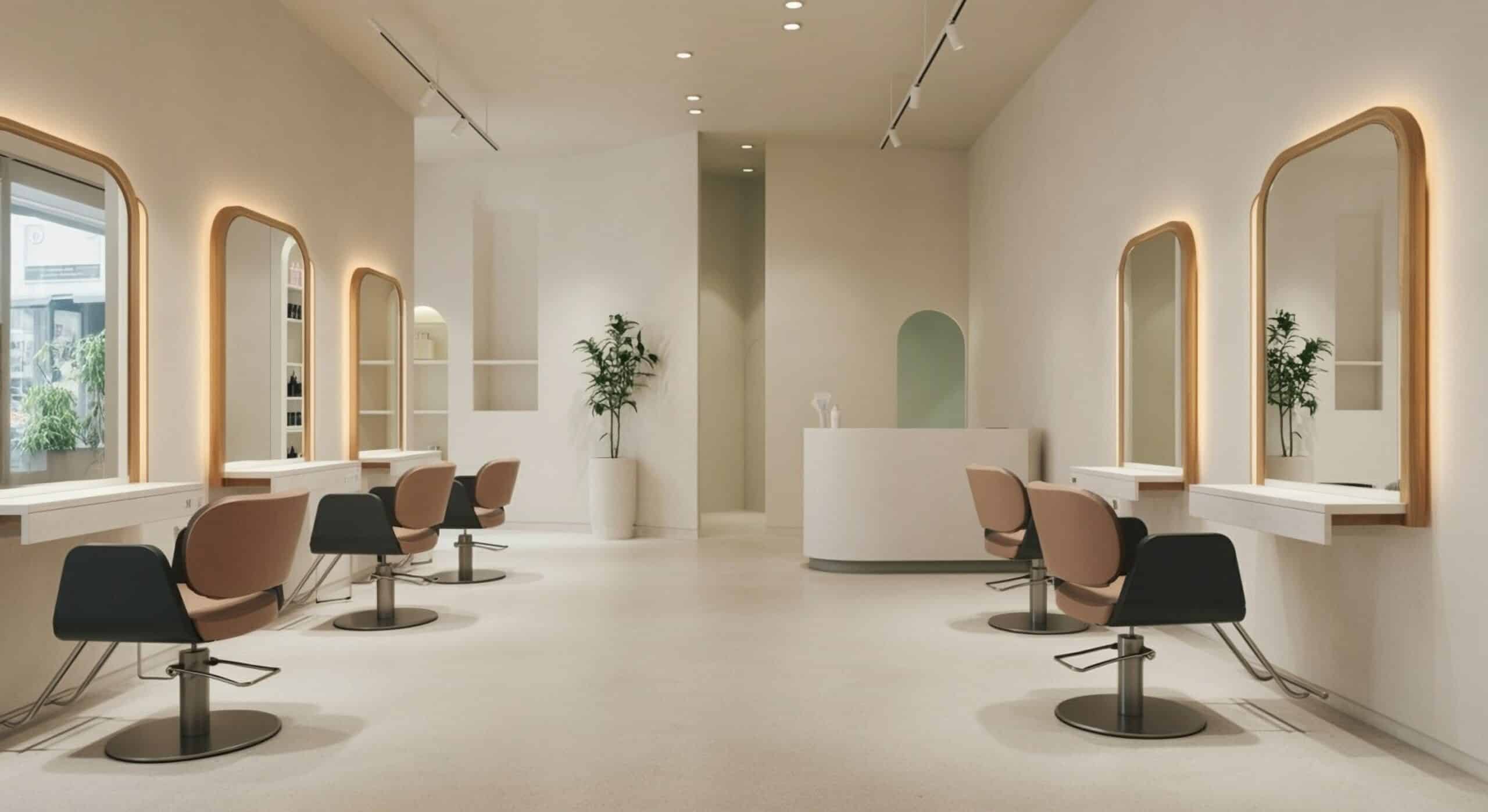 Modern hair salon with elegant design and mirrors