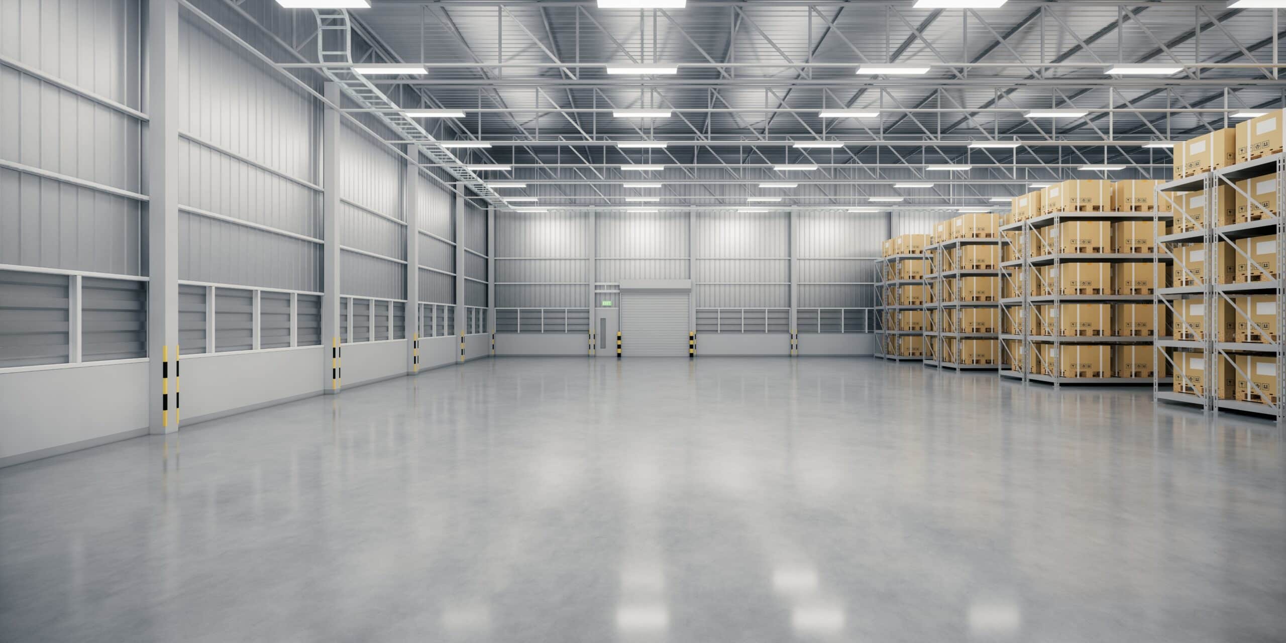 Spacious modern warehouse interior with stacked shelves.